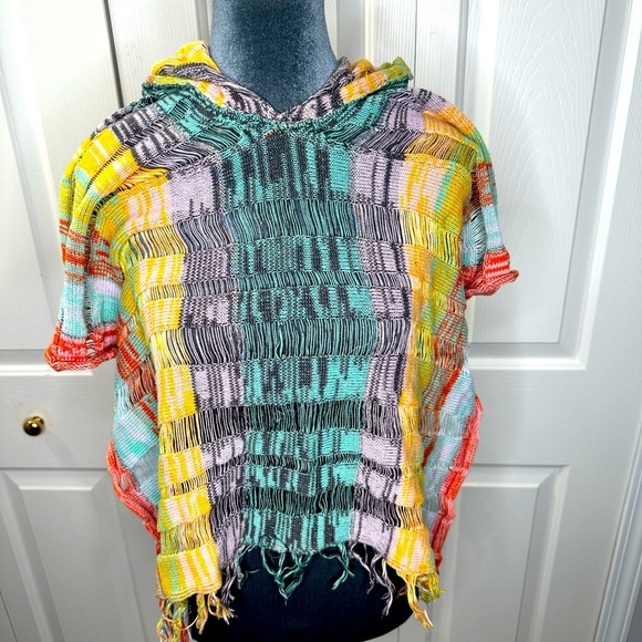 Sparrow Colorful Knit Hooded Poncho Sweater XS Boho Fringe Festival Vibes - Picture 4 of 8